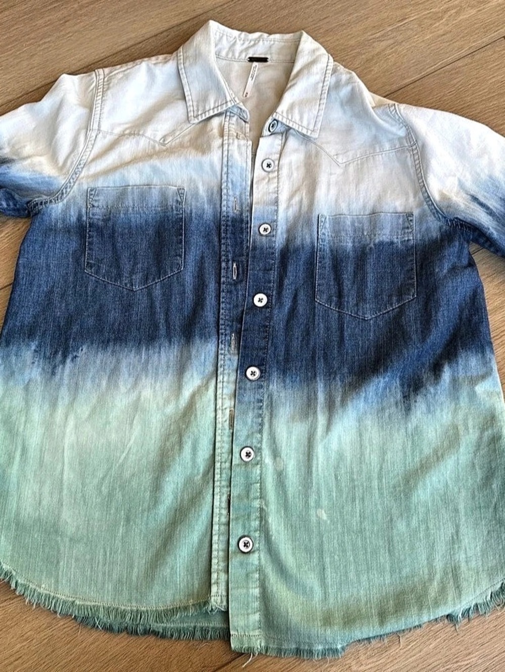 Free People Before Sunrise Ombre Denim Button-Down Shirt Color Block Cotton